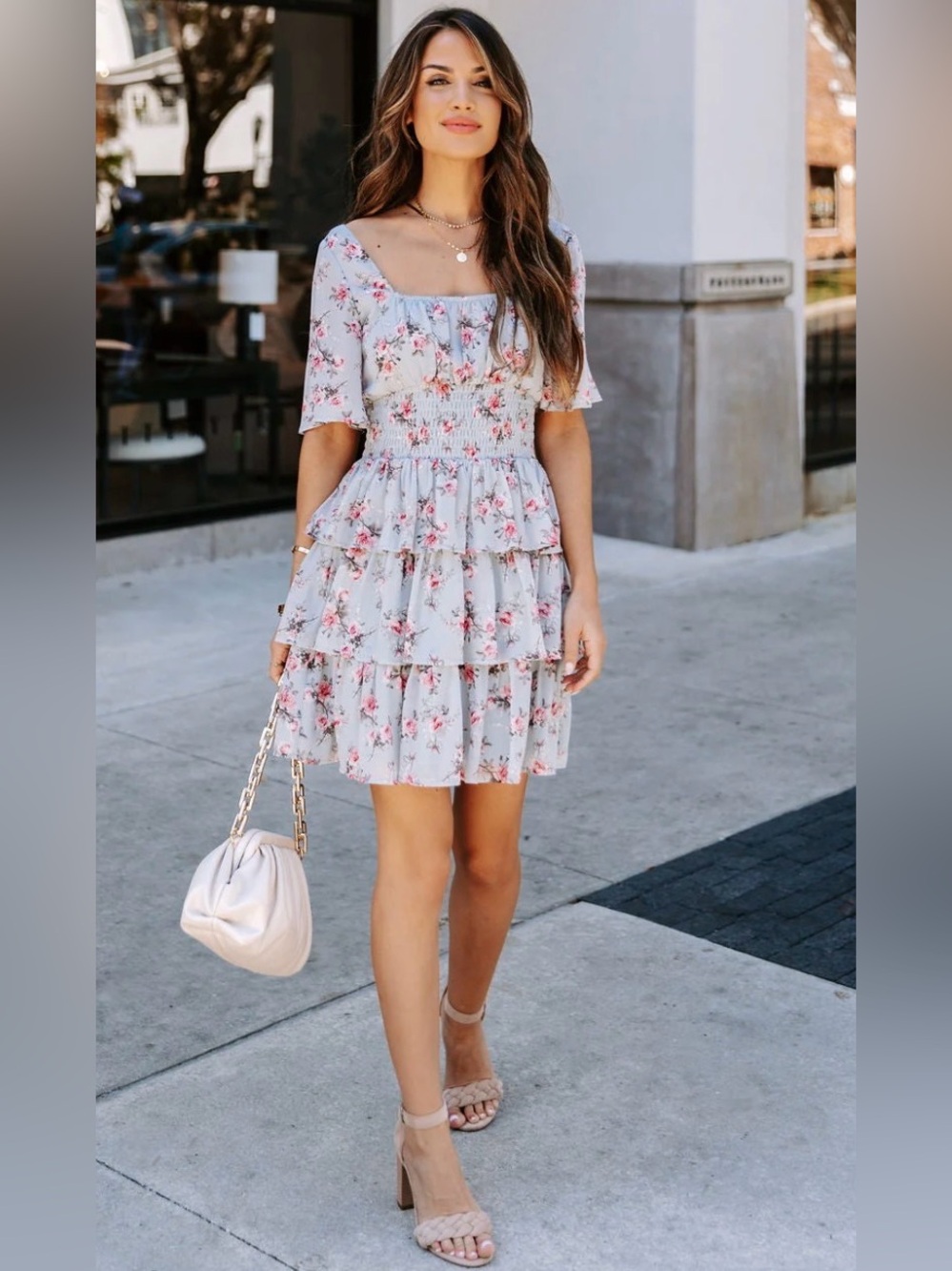 Light Blue Floral Mini Dress with Pink Roses